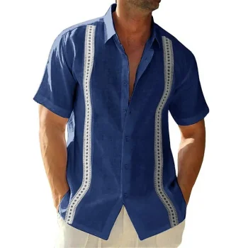 Men's Button Up Shirt Casual Shirt Summer Shirt Beach Shirt White Blue Dark Blue Short Sleeve Color Block Lapel Summer Casual Daily Clothing Apparel