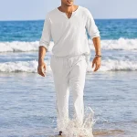 Men's 2 Piece Shirt Set Button Up Shirt Summer Shirt Beach Shirt Black White Pink Long Sleeve Plain V Neck Spring & Summer Outdoor Holiday Clothing Apparel