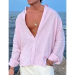 Men's Shirt Linen Shirt Summer Shirt Beach Shirt Black White Pink Long Sleeve Plain Lapel Spring & Summer Casual Daily Clothing Apparel