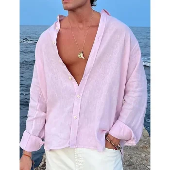 Men's Shirt Linen Shirt Summer Shirt Beach Shirt Black White Pink Long Sleeve Plain Lapel Spring & Summer Casual Daily Clothing Apparel