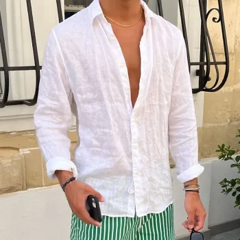 Men's Shirt Linen Shirt Summer Shirt Beach Shirt White Pink Blue Long Sleeve Plain Lapel Spring & Summer Casual Daily Clothing Apparel
