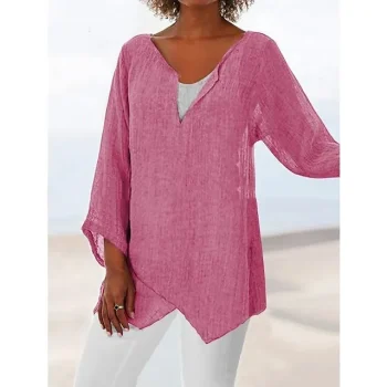 Women's Shirt Blouse Linen Plain Casual Blue Grey Asymmetric Long Sleeve Daily Basic V Neck Regular Fit Fall & Winter