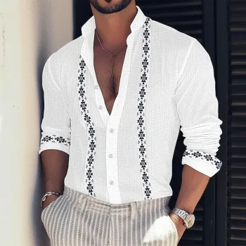 Men's Shirt Button Up Shirt Casual Shirt Summer Shirt Beach Shirt Black White Pink Long Sleeve Color Block Standing Collar Spring & Summer Casual Daily Clothing Apparel