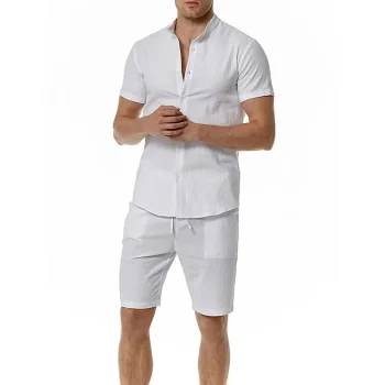Men's Shirt 2 Piece Shirt Set Black White Khaki Short Sleeve Plain Stand Collar Spring & Summer Hawaiian Holiday Clothing Apparel Pocket