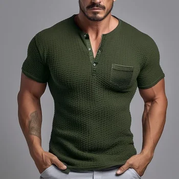 Men's Henley Shirt Waffle Knit Tee Tee Top Plain Henley Street Vacation Short Sleeves Pocket Clothing Apparel Fashion Basic