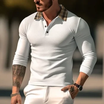 Men's Golf Shirt Polo Casual Sports Lapel Long Sleeve Fashion Basic Color Block Plaid / Check Patchwork Button Summer Regular Fit Black White Blue Gray Golf Shirt