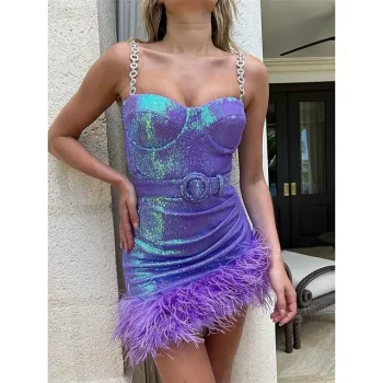 Women's Sequin Dress Party Dress Sparkly Dress Homecoming Dress Mini Dress Purple Sleeveless Summer Spring Fall Spaghetti Strap Fashion Summer Dress