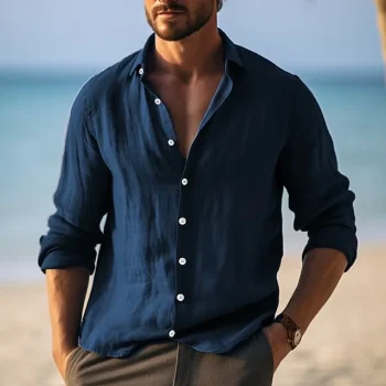 Men's Shirt Linen Shirt Button Up Shirt Summer Shirt Beach Shirt Yellow Navy Blue Purple Long Sleeve Plain Turndown Spring & Summer Casual Daily Clothing Apparel