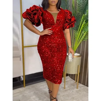 Women's Sequin Dress Party Dress New Year's Eve Dress Sparkly Dress Christmas Cocktail Dress Midi Dress Red Dark Green Short Sleeve Sparkly Glitter Summer Spring