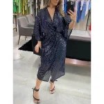 Women's Sequin Dress Party Dress Sparkly Dress Cocktail Dress Midi Dress Navy Blue Sparkly Glitter Spring Fall Winter V Neck