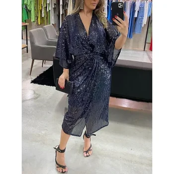 Women's Sequin Dress Party Dress Sparkly Dress Cocktail Dress Midi Dress Navy Blue Sparkly Glitter Spring Fall Winter V Neck