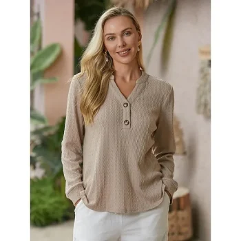 Women's T shirt Tee Waffle Textured Home Casual Black White Green Button Long Sleeve Basic V Neck Regular Fit Spring & Fall