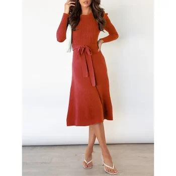 Women's Black Dress Sweater Dress Jumper Dress Midi Dress Knitwear Fashion Streetwear Outdoor Street Daily Going out Crew Neck Long Sleeve Tie Front Bow Regular Fit Black Red Green S M L XL XXL
