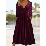 Women's Velvet Dress Sequin Dress Party Dress Midi Dress Wine Long Sleeve Spring Fall Winter V Neck Party Winter Dress