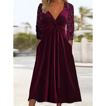 Women's Velvet Dress Sequin Dress Party Dress Midi Dress Wine Long Sleeve Spring Fall Winter V Neck Party Winter Dress