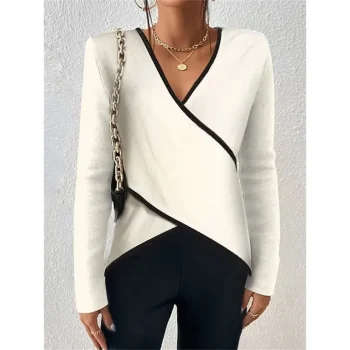 Women's Shirt Blouse Plain Work Beige Long Sleeve Daily V Neck Regular Fit Spring & Fall