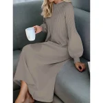 Women's Sweater Dress Knit Dress Jumper Dress Midi Dress Knitwear Fashion Daily Pure Color Outdoor Daily Vacation Going out Crew Neck Long Sleeve Ruched Patchwork Regular Fit Black khaki Apricot