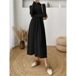 Women's Sweater Dress Knit Dress Jumper Dress Midi Dress Knitwear Elegant Fashion Plain Outdoor Daily Going out Turtleneck Long Sleeve Loose Fit Black Apricot One Size