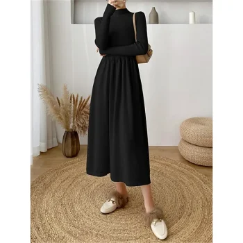 Women's Sweater Dress Knit Dress Jumper Dress Midi Dress Knitwear Elegant Fashion Plain Outdoor Daily Going out Turtleneck Long Sleeve Loose Fit Black Apricot One Size