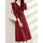 Women's Sweater Dress Knit Dress Christmas Sweater Dress Midi Dress Knitwear Fashion Daily Pure Color Outdoor Daily Going out V Neck Long Sleeve Tie Front Lace up Ruched Loose Fit Black Red S M