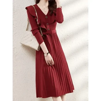 Women's Sweater Dress Knit Dress Christmas Sweater Dress Midi Dress Knitwear Fashion Daily Pure Color Outdoor Daily Going out V Neck Long Sleeve Tie Front Lace up Ruched Loose Fit Black Red S M