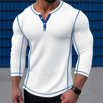 Men's T shirt Tee Waffle Henley Shirt Henley Shirt Tee Top Long Sleeve Shirt Color Block Henley Street Vacation Long Sleeve Patchwork Clothing Apparel Vintage Designer Basic