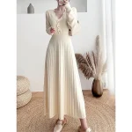 Women's Sweater Dress Knit Dress Jumper Dress Long Dress Maxi Dress Knitwear Fashion Daily Plain Outdoor Casual Holiday Vacation V Neck Long Sleeve Ruched Button Loose Fit Black White khaki One