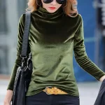 Shirt Blouse Women's Black Army Green Brown Solid / Plain Color Sexy Daily Warm Fashion High Neck Velvet Regular Fit S