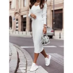 Women's Sweater Dress Knit Dress Jumper Dress Midi Dress Knitwear Warm Fashion Plain Outdoor Casual Daily Going out V Neck Long Sleeve Slim Black White khaki S M L XL XXL 3XL