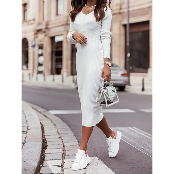 Women's Sweater Dress Knit Dress Jumper Dress Midi Dress Knitwear Warm Fashion Plain Outdoor Casual Daily Going out V Neck Long Sleeve Slim Black White khaki S M L XL XXL 3XL