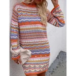 Women's Sweater Dress Jumper Dress Winter Dress Midi Dress Knitwear Fashion Daily Color Block Rainbow Stripe Outdoor Daily Vacation Going out Crew Neck Long Sleeve Patchwork Loose Fit Black Blue