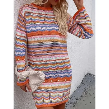 Women's Sweater Dress Jumper Dress Winter Dress Midi Dress Knitwear Fashion Daily Color Block Rainbow Stripe Outdoor Daily Vacation Going out Crew Neck Long Sleeve Patchwork Loose Fit Black Blue