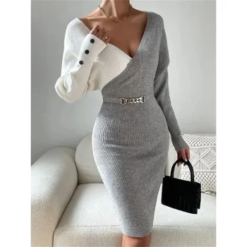 Women's Sweater Dress Jumper Dress Winter Dress Midi Dress Knitwear Fashion Casual Geometric Color Block Outdoor Daily Vacation Going out V Neck Long Sleeve Button Belted Regular Fit Black