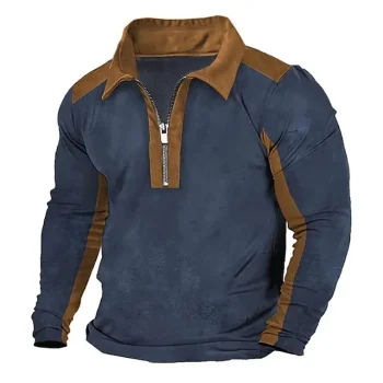 Men's Polo Shirt Quarter Zip Polo Work Daily Wear Lapel Long Sleeve Fashion Comfortable Color Block Pocket Zip Up Spring & Fall Regular Fit Black Brown Army Green Dark Blue Polo Shirt