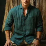 Men's Shirt Linen Shirt Button Up Shirt Casual Shirt Blue Army Green Long Sleeve Plain Lapel Spring & Fall Casual Daily Clothing Apparel Pocket