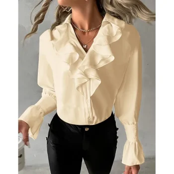 Women's Blouse Plain Petal Sleeve Black White Yellow Ruffle Long Sleeve Elegant V Neck Form Fit Fall