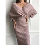 Women's Sweater Dress Jumper Dress Winter Dress Midi Dress Warm Fashion Casual Plain Outdoor Daily Vacation Going out V Neck Long Sleeve Loose Fit Black Pink Red S M L XL