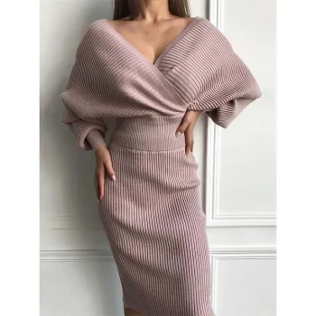 Women's Sweater Dress Jumper Dress Winter Dress Midi Dress Warm Fashion Casual Plain Outdoor Daily Vacation Going out V Neck Long Sleeve Loose Fit Black Pink Red S M L XL