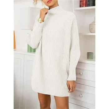 Women's Sweater Dress Jumper Dress Winter Dress Mini Dress Warm Fashion Casual Plain Outdoor Daily Vacation Going out Turtleneck Long Sleeve Loose Fit Black White Blue S M L XL