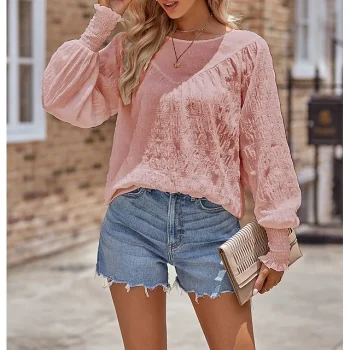 Shirt Blouse Women's White Pink Red Solid / Plain Color Patchwork Daily Fashion Round Neck Regular Fit S