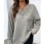 Shirt Blouse Women's Gray Solid Color Lace Street Daily Fashion Daily V Neck Regular Fit XL