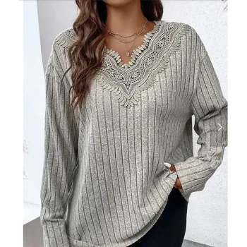 Shirt Blouse Women's Gray Solid Color Lace Street Daily Fashion Daily V Neck Regular Fit XL