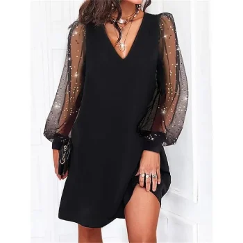 Women‘s Black Dress Sequin Dress Party Dress Midi Dress Black Long Sleeve Plain Sequins Summer Spring Fall V Neck Elegant Wedding Guest Birthday Vacation Black Cocktail Dress