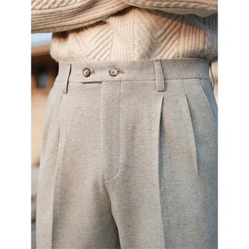 Men's Dress Pants Trousers Pleated Pants Suit Pants Tweed Pants Button Front Pocket Straight Leg Plain Comfort Warm Business Daily Holiday Fashion Chic & Modern Khaki Dark Gray