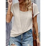 Women's Blouse Waffle Plain Casual Going out Khaki Patchwork Short Sleeve Fashion Streetwear Round Neck Regular Fit Summer