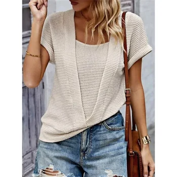 Women's Blouse Waffle Plain Casual Going out Khaki Patchwork Short Sleeve Fashion Streetwear Round Neck Regular Fit Summer