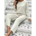 T shirt Tee Pants Sets Women's Beige Solid Color Drawstring Casual Daily Vacation Round Neck Regular Fit S