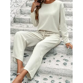 T shirt Tee Pants Sets Women's Beige Solid Color Drawstring Casual Daily Vacation Round Neck Regular Fit S